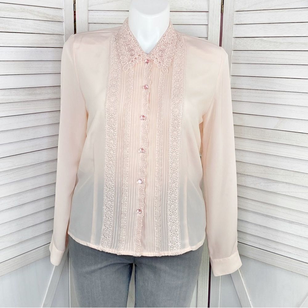 Kathy Che Vintage Sheer Lace Pleats Detail Blouse Peach Pink 12‎